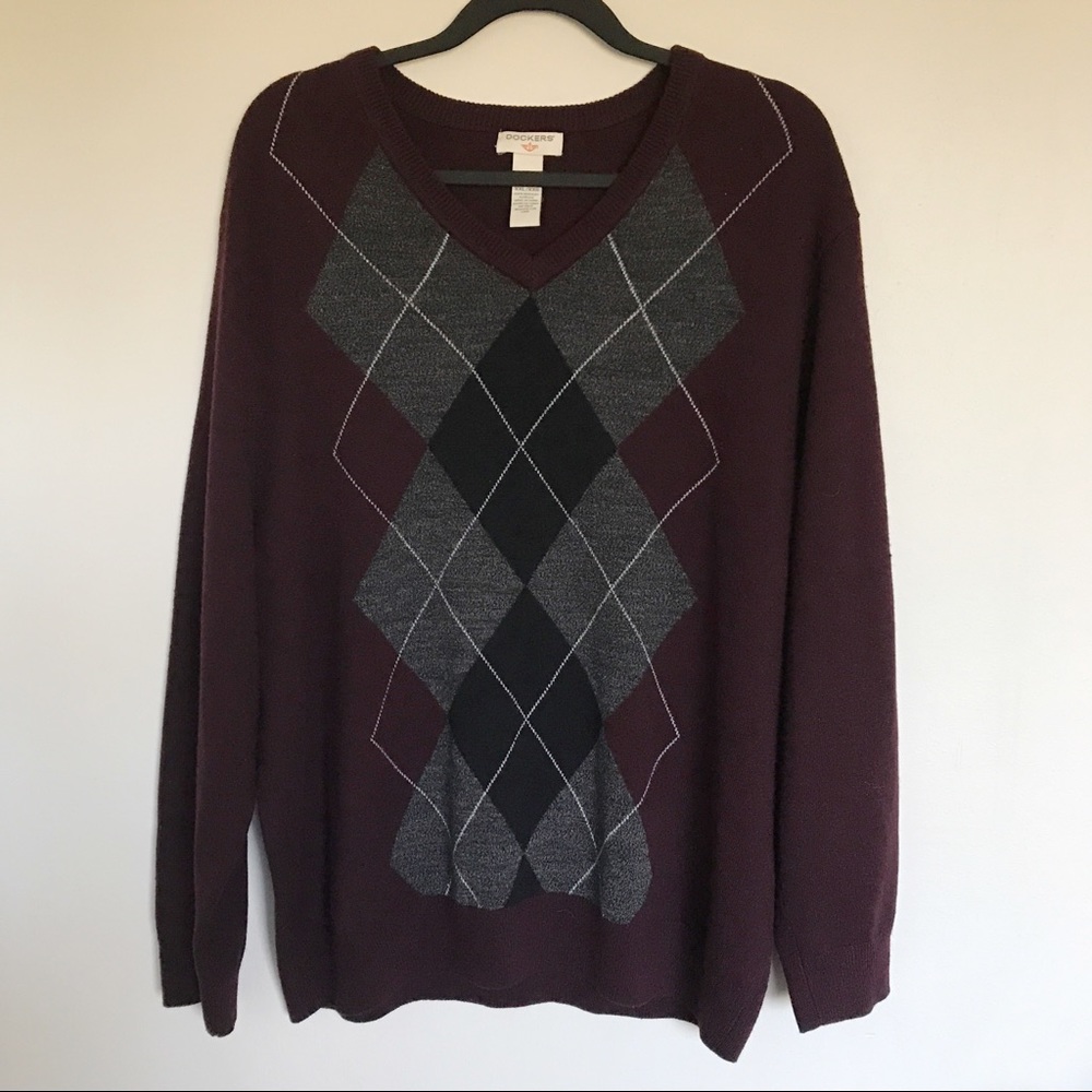 Dockers Burgundy Argyle Sweater Men’s XXL Preppy Grandpa Acrylic V-Neckline